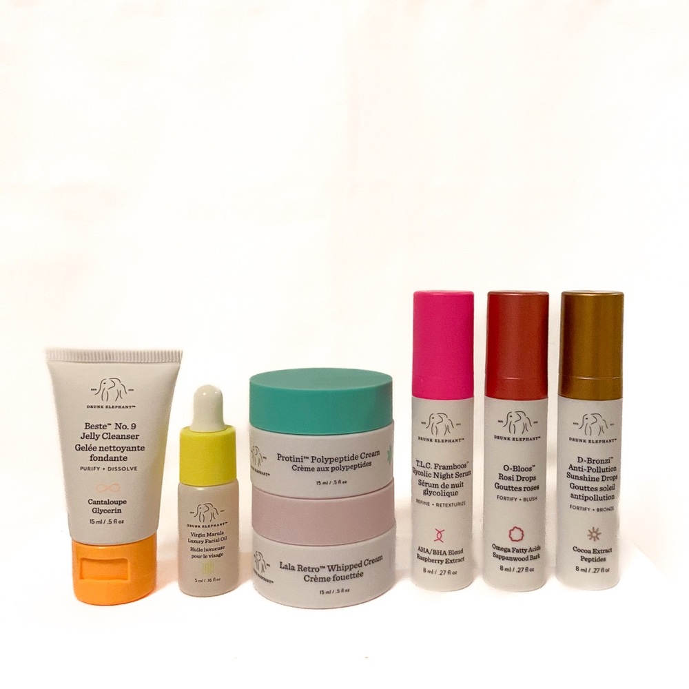 Drunk Elephant Skincare 7 pc Set w Protini, Lala, D-Bronzi, O-Bloos, Marula Oil